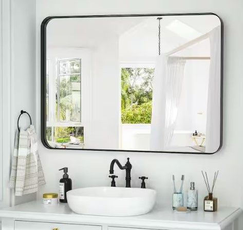 Photo 1 of 30 in. W x 40 in. H Rectangular Modern Aluminum Framed Rounded Black Wall Mirror
