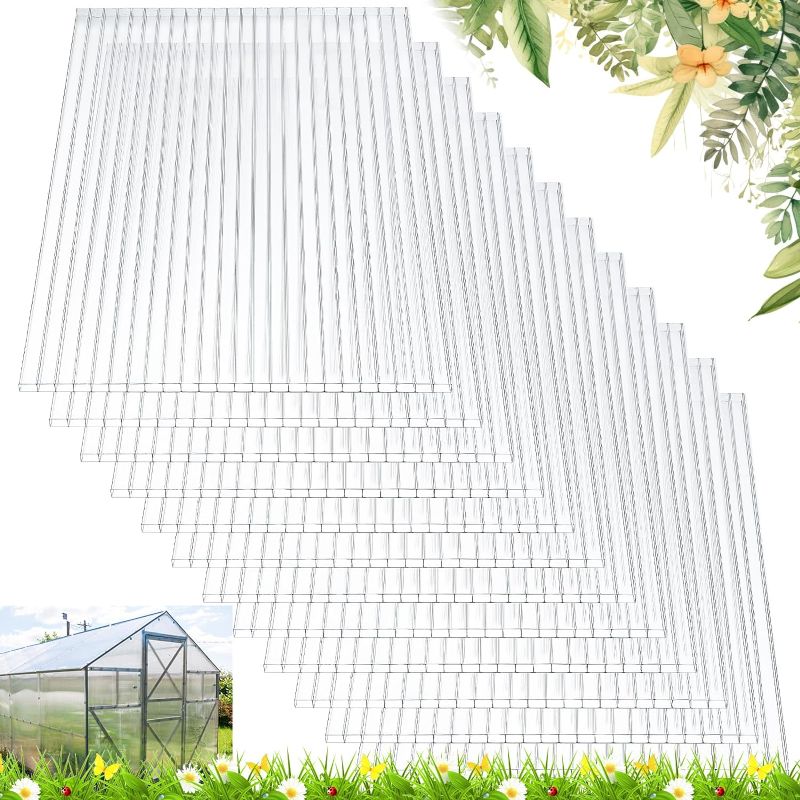 Photo 1 of 24 Pack Tatuo Polycarbonate Greenhouse Panels Polycarbonate Sheets Roof Panels Waterproof UV Protected Reinforced Cold Flexible Strong Impact and Shatterproof Panel for Greenhouse (4' x 2' x 0.16'') 24 4' x 2' x 0.16''