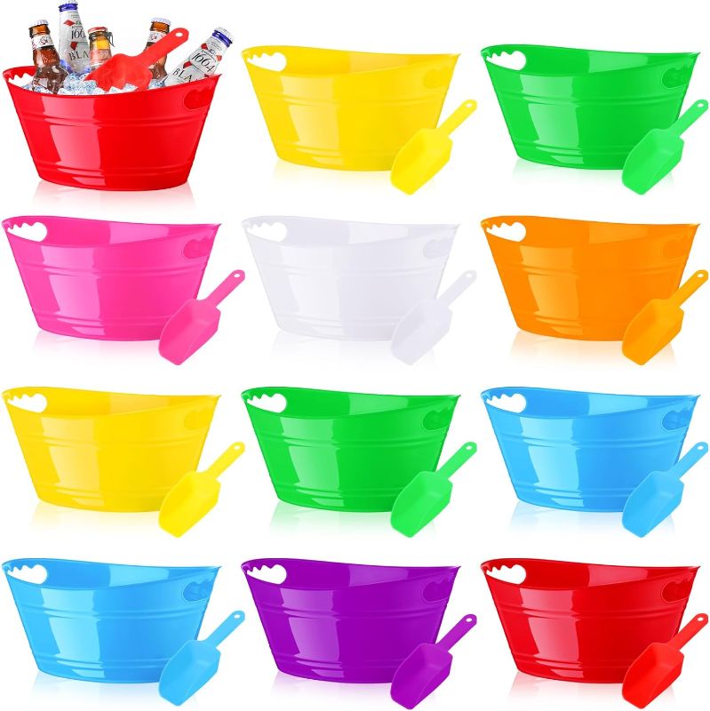 Photo 1 of 12 Packs Ice Buckets Bulk Plastic Oval Storage Tub with Handles Champagne Beverage Chiller Bucket with Ice Scoops for Cocktail Bar Party Wine Beer Bottle Cooler (Colorful)
