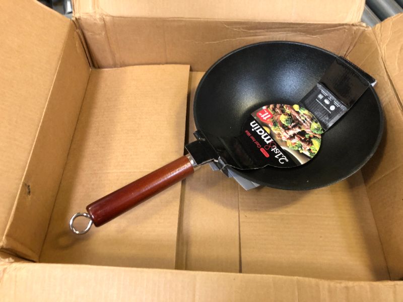 Photo 2 of 21st & Main Wok, Stir Fry Pan, Wooden Handle, 11 Inch, Lightweight Cast Iron, chef’s pan, pre-seasoned nonstick, for Chinese Japanese and other cooking