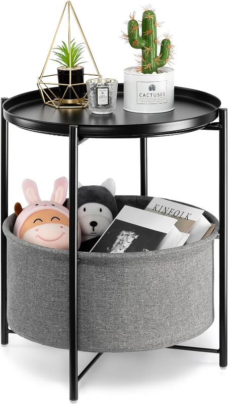 Photo 1 of danpinera Round Side Table with Fabric Storage Basket, Metal Small Bedside Table Nightstand with Removable Tray Top for Living Room, Bedroom, Nursery, Laundry, Black
