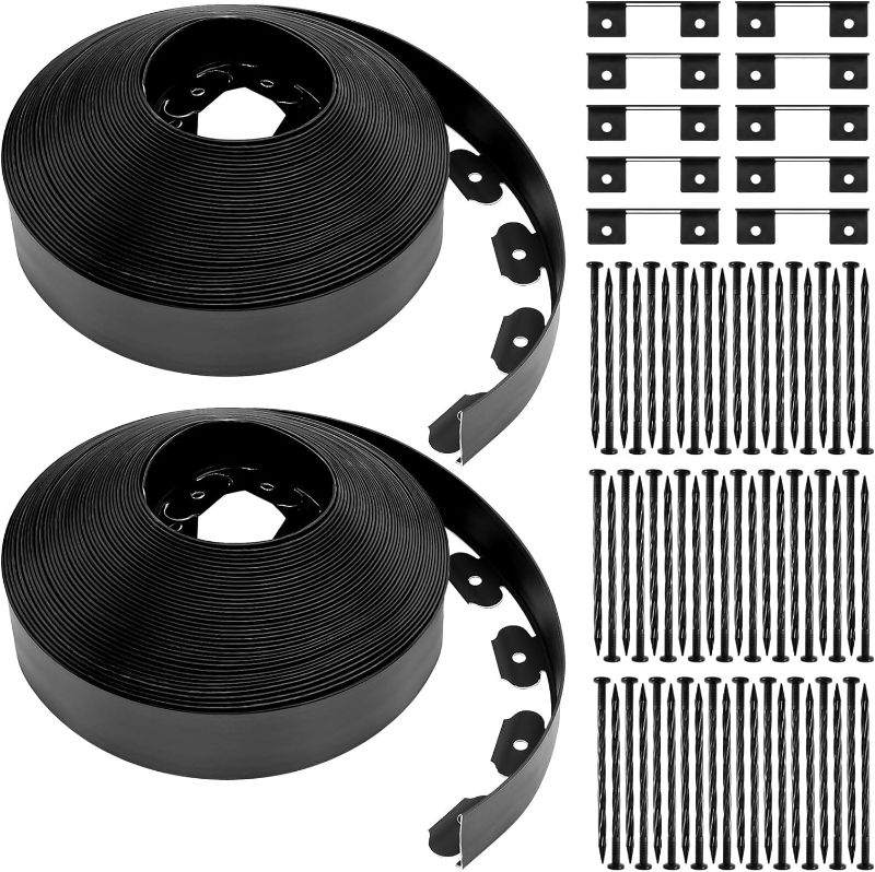 Photo 1 of 2.5'' x 200' Landscape Edging Kit No Dig Edging Border Coil Include 60 Anchoring Spikes 10 Connectors Plastic Garden Edging Border for Lawn Garden Grass Yard Home School, Black
