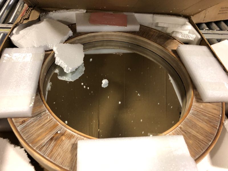 Photo 1 of Barnyard Designs 31.5" Round Wall Mirrors Decorative Wood Farmhouse Wall Mirror, Rustic Wall Mirror, Bedroom Mirrors for Wall Decor, Hanging Wall Mirror for Living Room, Bathroom Vanity Mirror, Brown