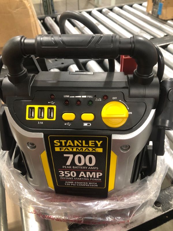 Photo 3 of **MISSING CHARGER** STANLEY FATMAX J7CS Portable Power Station Jump Starter: 700 Peak/350 Instant Amps, 120 PSI Air Compressor, 3.1A USB Ports, Battery Clamps