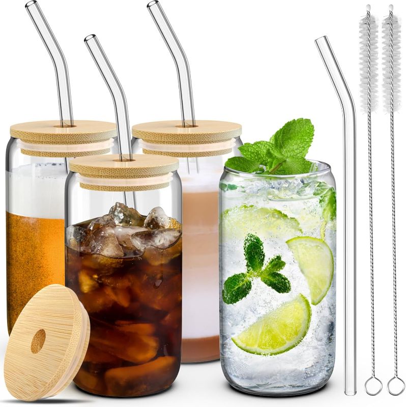 Photo 1 of 4 Glass Cups with Lids, Straws, and Brushes - 16 oz Drinking Cup Set with Bamboo Lids and Straws for Iced Coffee, Tumblers with Straw and Lid
