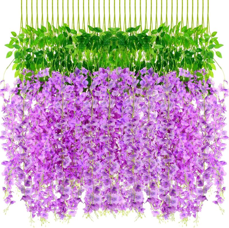 Photo 1 of 108 Pack 43.2 in/ 3.6 ft Artificial Fake Wisteria Hanging Flowers Wisteria Faux Flowers Garland Silk Wisteria Vine Rattan Long Hanging Flowers String for Home Outdoor Wedding Party (Pale Lilac)
