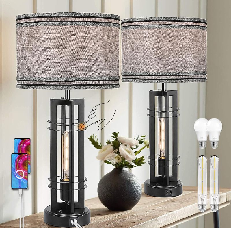 Photo 1 of 27'' Touch Control Farmhouse Table Lamps Set of 2 Tall 2-Light Design, Black Bedroom Bedside Nightstand w/A+C USB Ports, Gray Table Lamps for Living Room Home Office End Table

