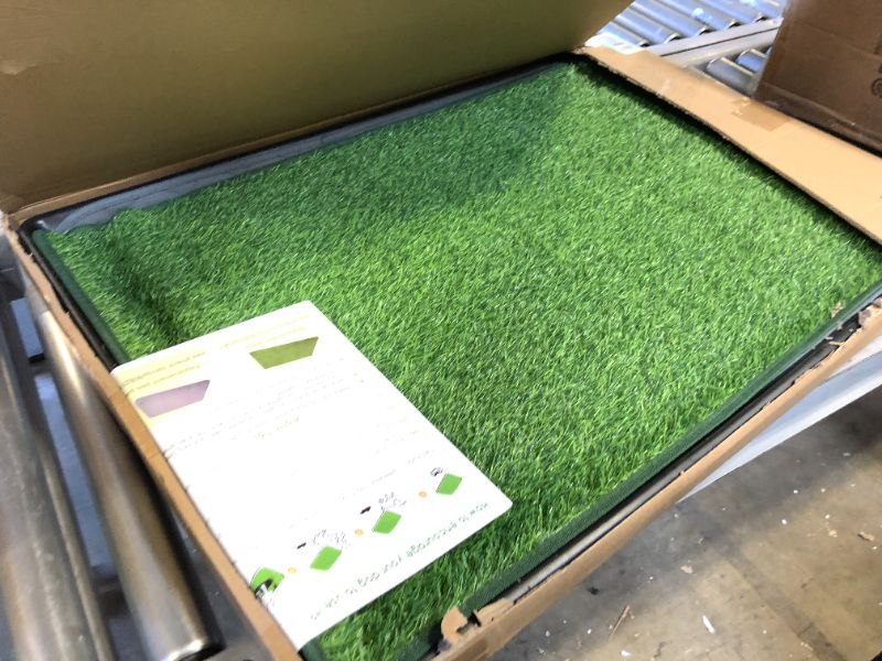 Photo 2 of Dewonch Dog Artificial Grass Pad with Tray for Puppy Potty Training, Fake Turf Patch & Washable Pee Pad Pet Loo for Small and Medium Dogs, Indoor or Outdoor Use (Potty System 35.4” x 23.6”)