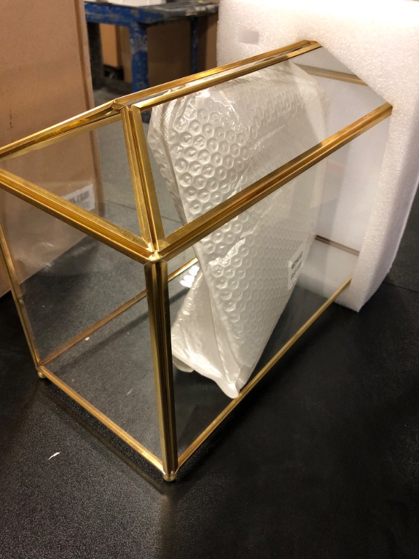 Photo 2 of REDHUGO 12.6x5.9x9 inches Large Glass Card Box Handmade with Slot and Lock, Wedding Card Boxes for Reception, Graduation, Gift Cards, Party, Brass Geometric Terrarium, Golden Decorative Box Gold Large-12.6 x 5.9 x 9 inches