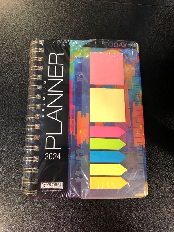 Photo 2 of HARDCOVER 2024 Planner: (November 2023 Through December 2024) 5.5"x8" Daily Weekly Monthly Planner Yearly Agenda. Bookmark, Pocket Folder and Sticky Note Set (Rainbow Cityscape) MEDIUM: 5.5" x 8"