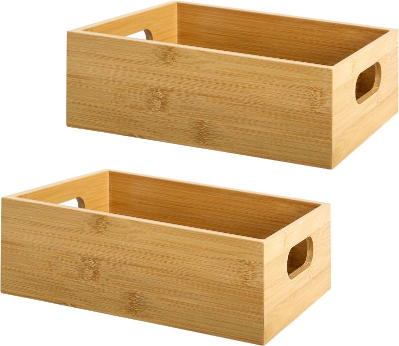 Photo 1 of StorageWorks Bamboo Organizers for Shelf, Handcrafted Bamboo Storage Containers for Snacks, Spices, or Drinks, Wooden Crates with Built-in Handles, 2 Pack
