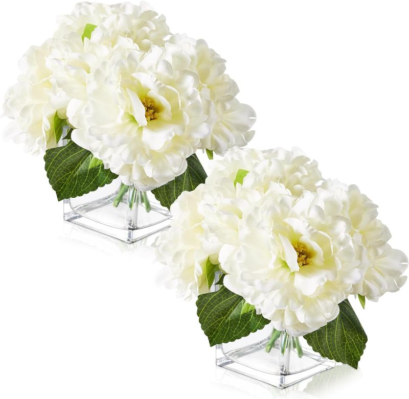 Photo 1 of 2 Pcs Artificial Peony Flowers Arrangements in Cube Glass Vase Artificial Arrangement Wedding Decoration Office Desk Decor for Home Bedroom Bathroom Bookshelf Kitchen