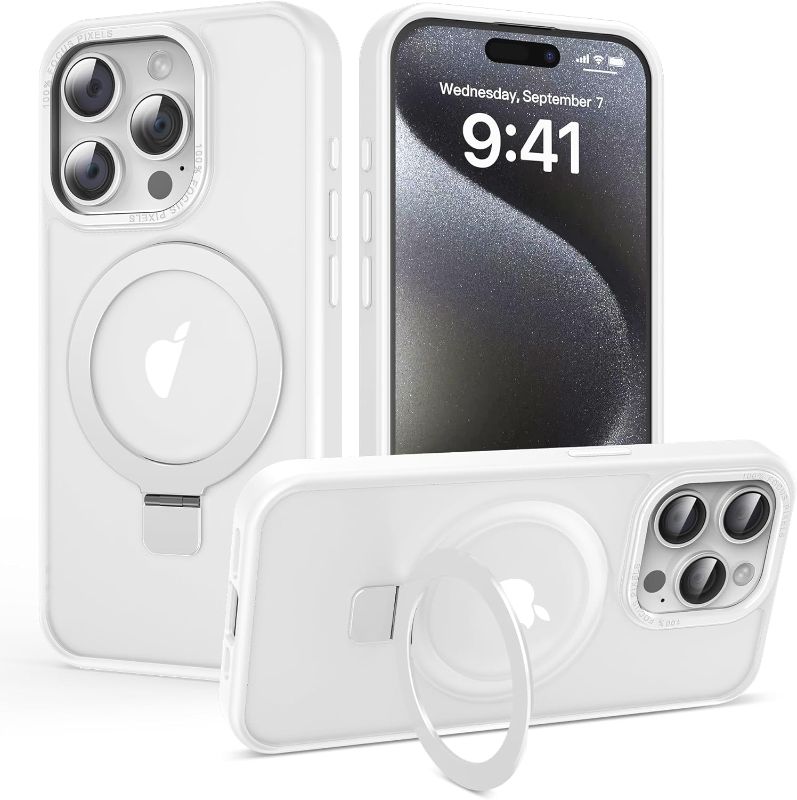 Photo 1 of Case for iPhone 15 Pro with Invisible Magnetic O-Stand, iPhone 15 Pro Phone Case 6.1" with Big Ring Holder [Compatible with Magsafe & Raised Bezels & Metal Buttons], Translucent