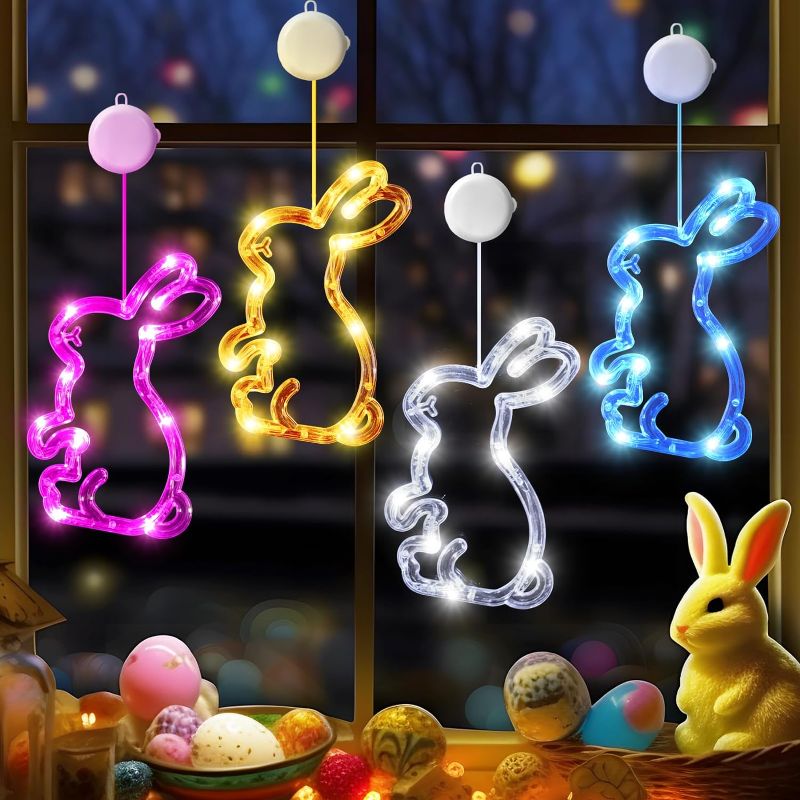 Photo 1 of 
LYUBASA 4Pack Easter Window Lights Decorations with Timer, Battery Powered Hanging Pink Yellow White Blue Lighted Bunny Shaped Sucker LED Lamp for 2024.