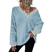 Photo 1 of Size XL--AlvaQ Women's Fall Winter Long Sleeve V Neck Striped Color Block Soft Loose Oversized Ribbed Knit Pullover Sweater Plus Size Sky Blue