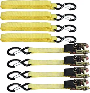 Photo 1 of  Ratchet Tie Down Straps Polyester Fiber Belt with Safety S Hook Max Break Strength 2640 LBS 1 inch by 15 feet for Transporting Cargo Appliances Motorcycle Bike Kayak Boat (Yellow)