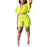 Photo 1 of Size M----acelyn Women’s Sexy Summer 3 Piece Outfits Ruffle Short Sleeve Deep V Neck Shorts Set Crop Top and Short pants Set active Tracksuit with Pocket