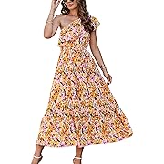 Photo 1 of Size XL--NOLLSOM Casual Women Summer Dresses 2023 One Shoulder Maxi Dress Sleeveless Ruffle Layered Boho Floral Beach Long Dresses(Multicolored Yellow,X-