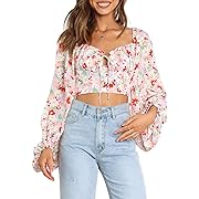 Photo 1 of Size 2XL--AlvaQ Womens Fashion 2023 Blouses Puff Long Sleeve Square Neck Tops Boho Floral Print Shirts Floral Crop Tops,US 18-20(2XL) Red