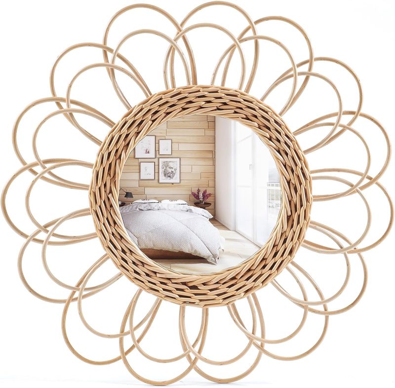 Photo 1 of 15.75Inch Rattan Innovative Art Hanging Mirror Willow Woven Sunflower Round Dressing Mirror Suitable for Bedroom Home Glass Decoration
