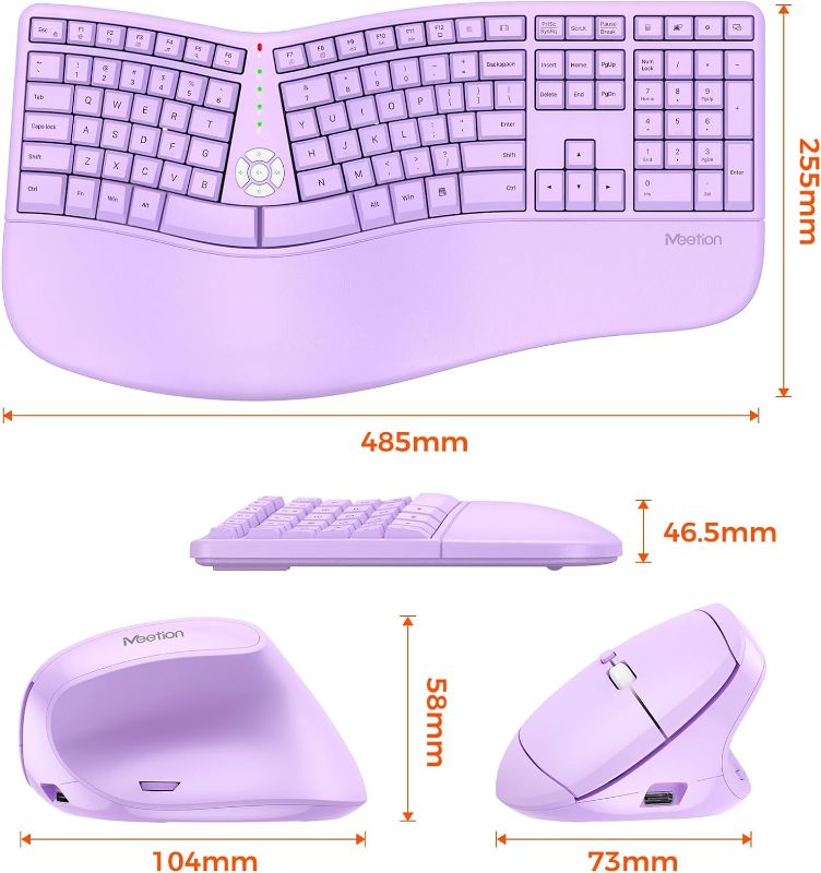 Photo 1 of MEETION Ergonomic Wireless Keyboard and Mouse, Ergo Keyboard with Vertical Mouse, Split Keyboard Cushioned Wrist Palm Rest Natural Typing Rechargeable Full Size, Windows/Mac/Computer/Laptop,Purple
