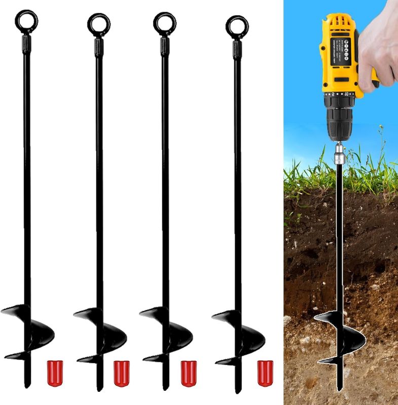 Photo 1 of 18" Ground Anchors Kit 4pcs, 3" Helix Diameter Earth Ground Anchor, Heavy Duty Shed Anchor Hook for Camping Tent, Canopies, Car Ports, Sheds, Swing Sets, Securing Animals, Black
