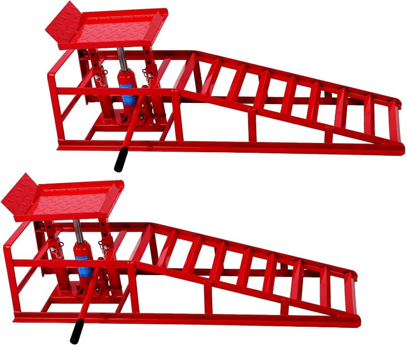 Photo 1 of 2PCS Auto Car Truck Service Ramps Lifts,12000lbs(5T) Garage Car Lift Hydraulic Ramps,Portable Car Ramps for Oil Changes High Lift,Lift Repair Frame Lift Height Adjust 9.8"-15" (Red)
