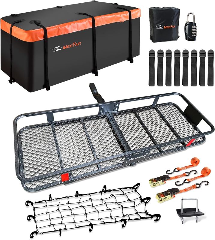 Photo 1 of MeeFar Folding Hitch Mount Cargo Carrier Basket 60" X 20" X 6"+Waterproof Cargo Bag 16 Cubic Feet(58" 19" 24"),Hauling Weight Capacity of 500 Lbs and A Folding Arm.with Hitch Stabilizer,Net and Straps
