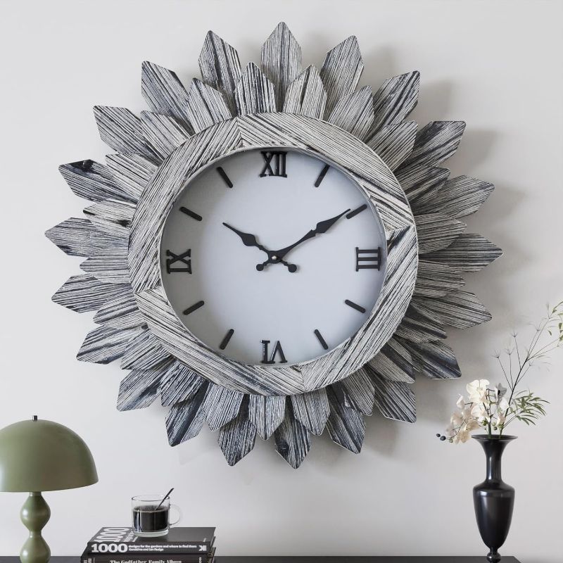 Photo 1 of 24'' Large Wall Clock for Living Room Deco Boho Sunburst Decorative Big Oversized Silent Battery Operated Farmhouse Wood Wall Clock for Office Home Dinning Room Bedroom Kitchen, Black
