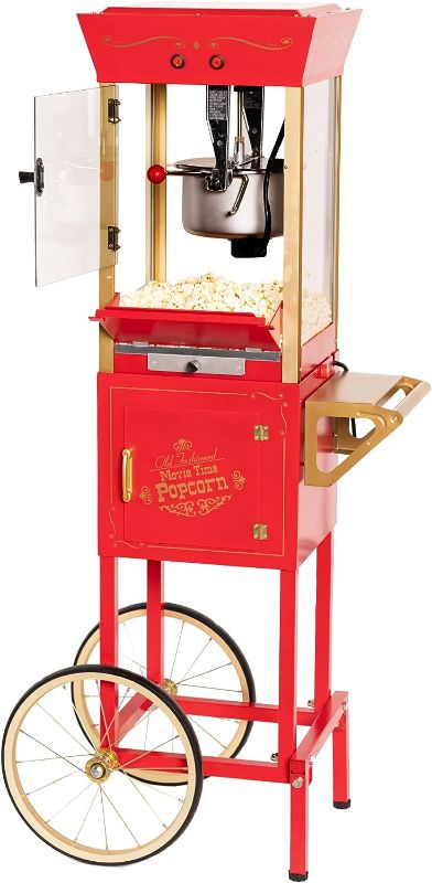 Photo 1 of Nostalgia Popcorn Maker Cart, 2.5 Oz Kettle Makes 10 Cups, Retro Classic Popcorn Machine with Interior Light, Measuring Spoons and Scoop, White and Red
