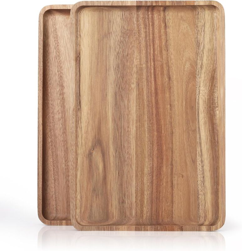 Photo 1 of 2 PCS Solid Acacia Wood Serving Trays Rectangular Wooden Serving Platters Natural Wooden Boards for Bar Coffee Party 13 * 9 inch ?Wood Log Color?
