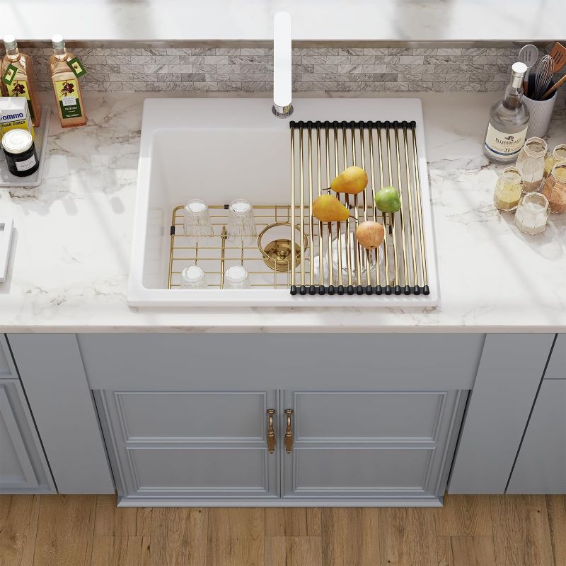 Photo 1 of 25 White Granite Composite Laundry Sink, Hugsleek Drop In Kitchen Sink Granite Sink Quartz 25x22 inch Bar Sink Above Counter Single Bowl Topmount Utility Sinks Basin With Gold Sink Accessories
