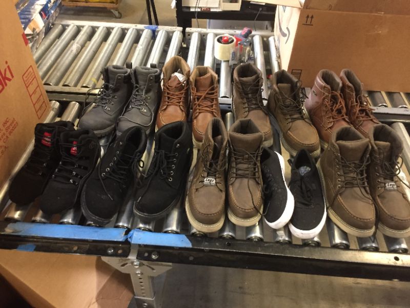 Photo 1 of BOX LOT OF 9 PAIRS OF SHOES -- DIFFERENT STYLES AND SIZES -- SOLD AS IS -- NO RETURNS --