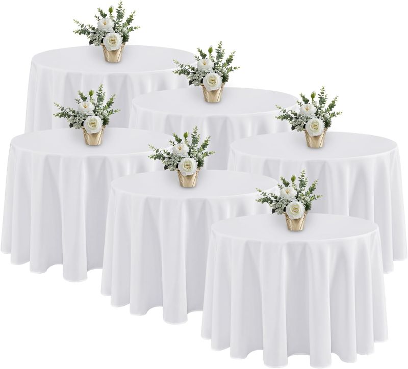 Photo 1 of White Round Tablecloths  - Stain Resistant and Washable Table Clothes, Polyester Fabric Table Covers for Wedding, Party, Banquet, Formal Events