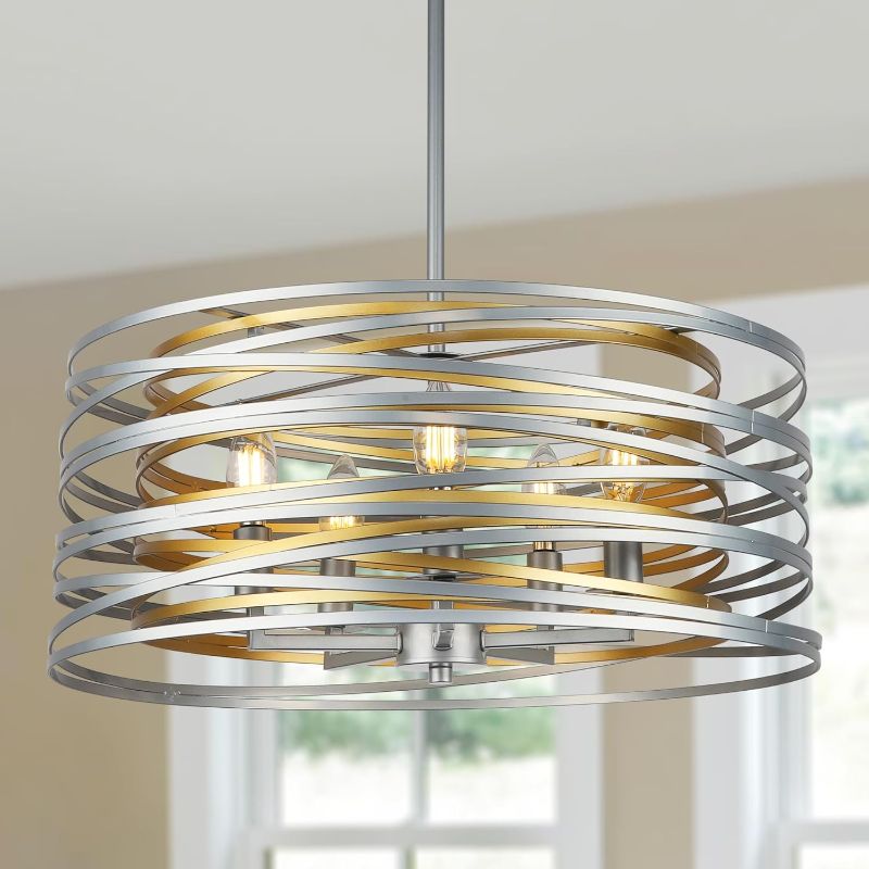 Photo 1 of 19.7'' Double Round Metal Chandelier, 5-Light Modern Farmhouse Dining Room Lights Over Table, Gold Chandelier for Hallway Kitchen Island Entryway Stairwell, Silver with Gold Interior
