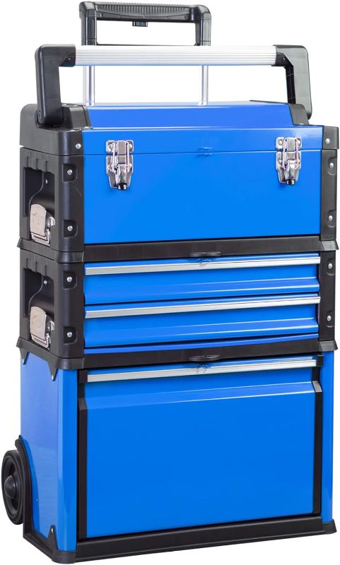 Photo 1 of BIG RED TRJF-C305ABD Torin Garage Workshop Organizer: Portable Steel and Plastic Stackable Rolling Upright Trolley Tool Box with 3 Drawers, BLUE