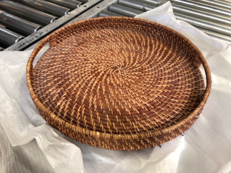 Photo 2 of 16.9 inch Rattan Tray, Round Wicker Tray with Cut-Out Handles 