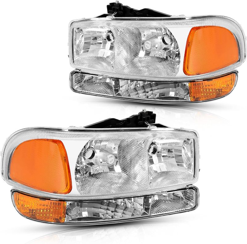 Photo 1 of HECASA Headlight Assembly Compatible with 1999-2007 GMC Sierra 2500 3500/2000-2007 Yukon XL Halogen DRL Headlamps Left & Right Clear Lens Chrome Housing Amber Corner Light
