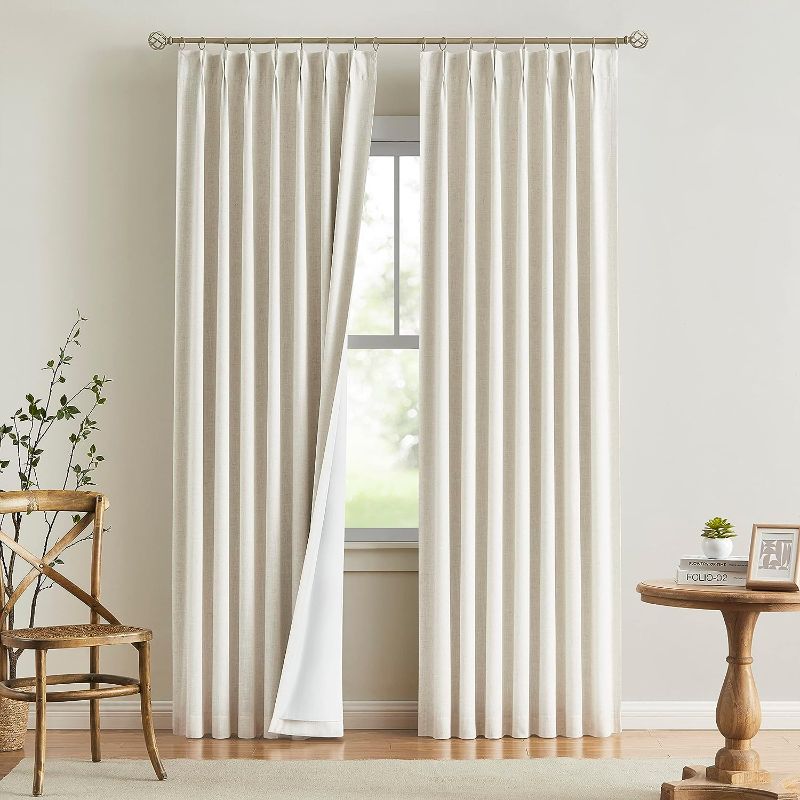 Photo 1 of Vision Home Natural Pinch Pleated Full Blackout Curtains Linen Blended Room Darkening Window Curtains 95 inch for Living Room Bedroom Thermal Insulated Pinch Pleat Drapes with Hooks 2 Panel 40"Wx95"L
