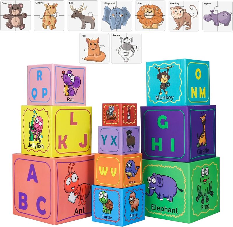 Photo 1 of Nesting and Stacking Blocks Stacking Toys for Toddlers Plus Animal Puzzle Toys Set Alphabet ABC Blocks Sorting & Stacking Educational Toys Montessori Toys Stackable Toys for Toddlers Ages 1-3
