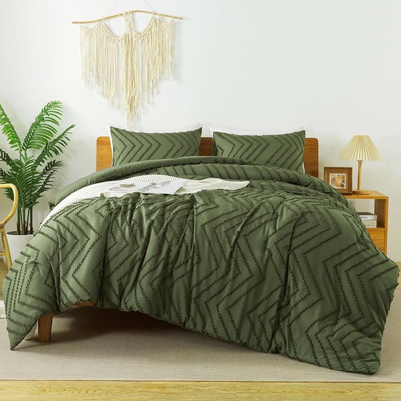 Photo 1 of Litanika Dark Olive Green Comforter Set King Size, 3 Pieces Boho Chevron Tufted Bedding Set & Collections, All Season Bed Set (104x90In Comforter and 2 Pillow Shams)
