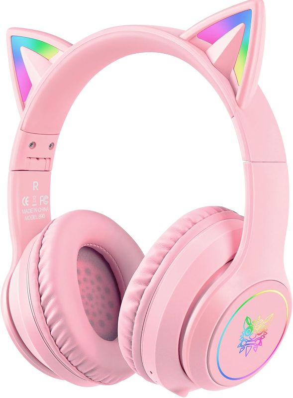 Photo 1 of Cat Ear Bluetooth Headphones with Micphone for Kids & Adults, LED Light Up Wireless HI-FI Sound Quality, Over-Ear Headphones with Volume Control for iPhone/iPad/Laptop/PC(55H Play Time)
