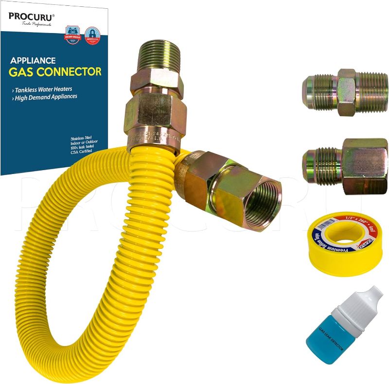 Photo 1 of 1" OD x 24" (2Ft) x 3/4"MIP x 3/4"FIP Gas Flex Connector Kit, Weatherproof Max-Flow High Capacity Stainless Steel with Yellow Coating for Tankless Water Heater (Blue Series)
