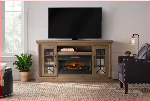 Photo 1 of Madison 68 in. Media Console Infrared Electric Fireplace in Natural Rustic Oak
