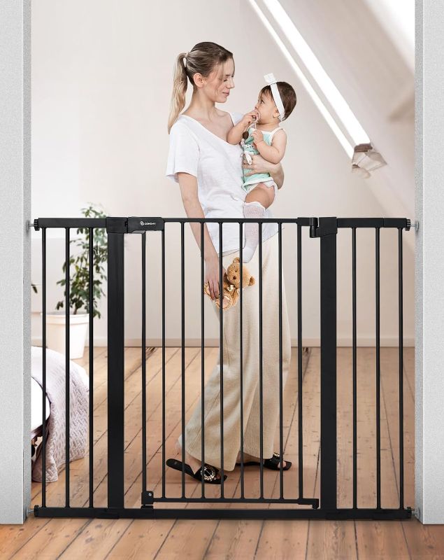 Photo 1 of COMOMY 36" Extra Tall Baby Gate for Stairs Doorways, Fits Openings 29.5" to 48.8" Wide, Auto Close Extra Wide Dog Gate for House, Pressure Mounted Easy Walk Through Pet Gate with Door, Black
