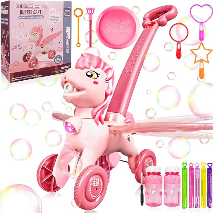 Photo 1 of Pink Bubble Machine Blower Maker Lawn Mower Walking Toy Christmas Basket Stuffers Outdoor Summer Girls Kids Toddler 1st Birthday Best Gift for 1 2 3 Year Old Unique Cute Valentines Day Unicorn Gifts