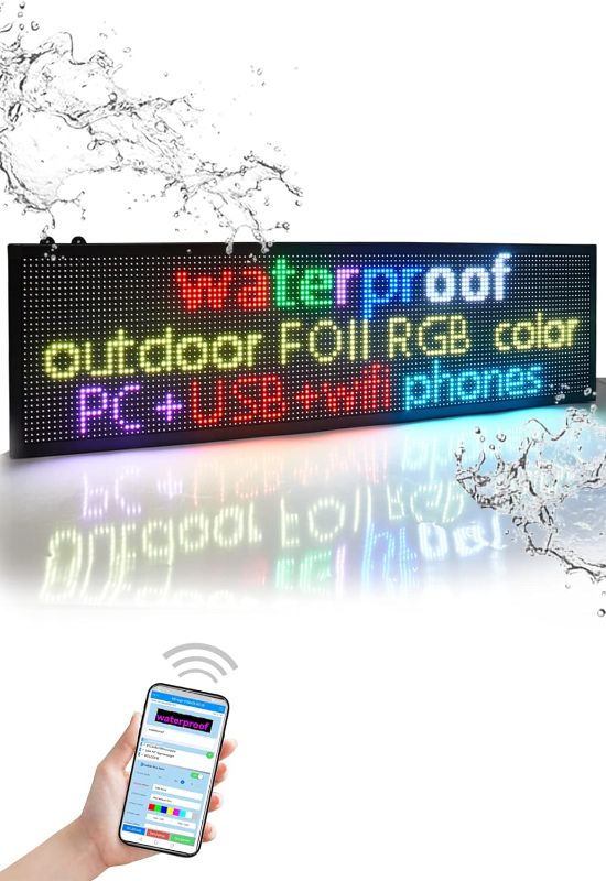 Photo 1 of LED Sign Outdoor & Indoor Programmable LED Signs, P7 40X11 Inch Full Color Display USB+WiFi Waterproof Digital Signs, RGB High Brightness128X32 Dots
