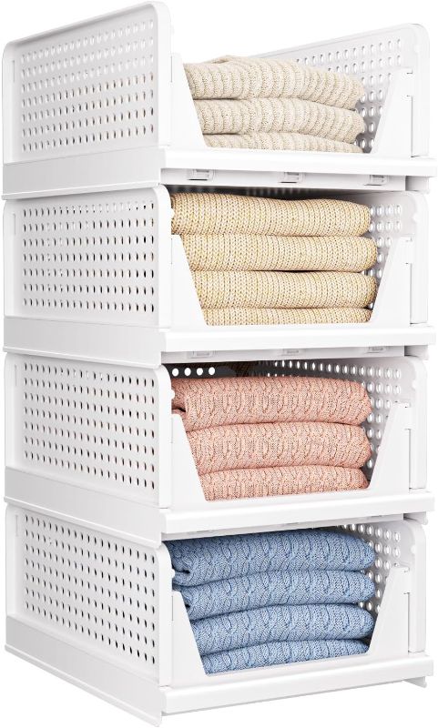 Photo 1 of 4 Pack Folding Closet Organizers Storage Box, Stackable Storage Bins, Plastic Drawer Basket Closet Storage for Wardrobe Cupboard Kitchen Bathroom Office White-4L
