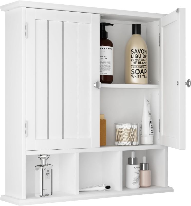 Photo 1 of ChooChoo Bathroom Cabinet Wall Mounted 2-Door with 3 Open Shelves, Wooden Medicine Cabinets with Adjustable Shelf, Space Saver Storage Cabinets Over The Toilet for Bathroom&Living Room, White
