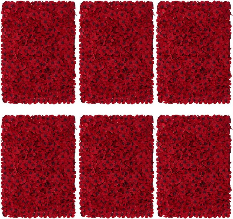 Photo 1 of 24" × 16" Flower Wall Panel Backdrop Decor Red Artificial Floral Backdrop for Wedding Party Baby Bridal Shower, 6 Pcs Hanging 3D Fake Hydrangea Wall Decoration
